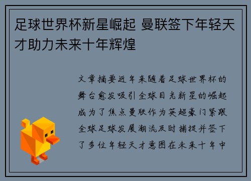 足球世界杯新星崛起 曼联签下年轻天才助力未来十年辉煌