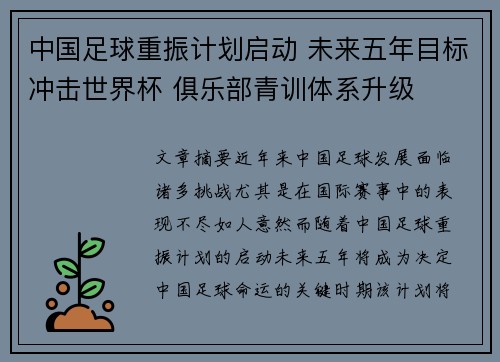 中国足球重振计划启动 未来五年目标冲击世界杯 俱乐部青训体系升级