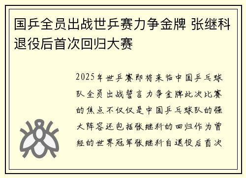 国乒全员出战世乒赛力争金牌 张继科退役后首次回归大赛