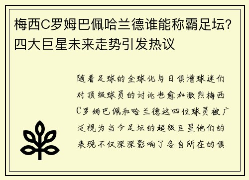梅西C罗姆巴佩哈兰德谁能称霸足坛？四大巨星未来走势引发热议