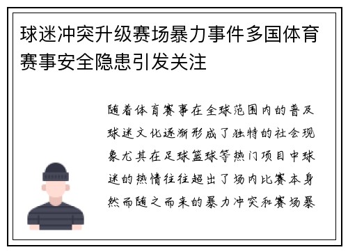 球迷冲突升级赛场暴力事件多国体育赛事安全隐患引发关注
